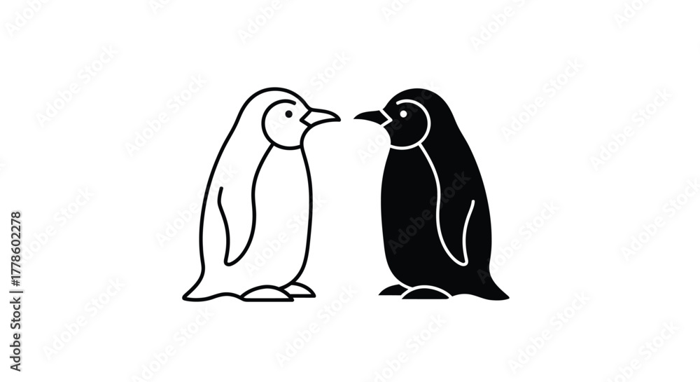 Fototapeta premium Two stylized penguins, one outlined and one solid black, facing each other on a white background.