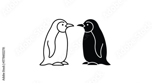Two stylized penguins, one outlined and one solid black, facing each other on a white background.