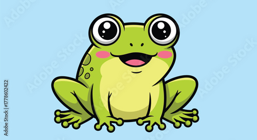 A cartoon frog with big eyes and a happy expression sits against a light blue background.