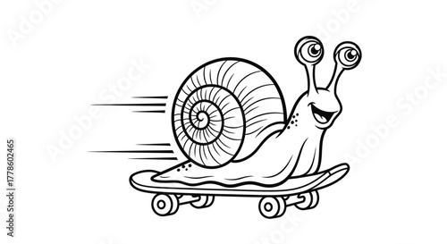 Fast Snail Skateboarding - Dynamic Line Art Cartoon