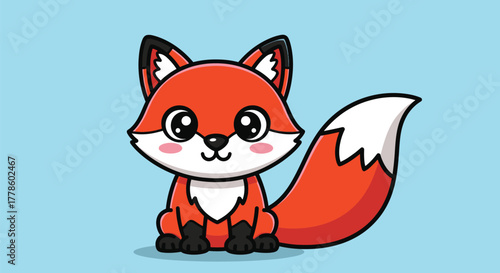 A cute cartoon red fox with big eyes and a bushy tail sitting on a light blue background.