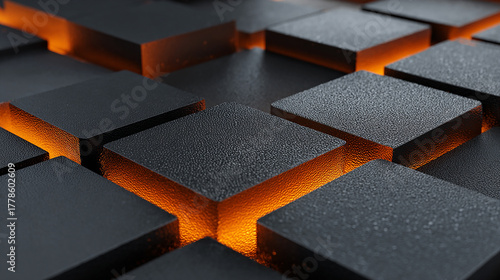 Fototapeta Naklejka Na Ścianę i Meble -  下から光を放つ、ザラザラした質感の黒いキューブの集合体