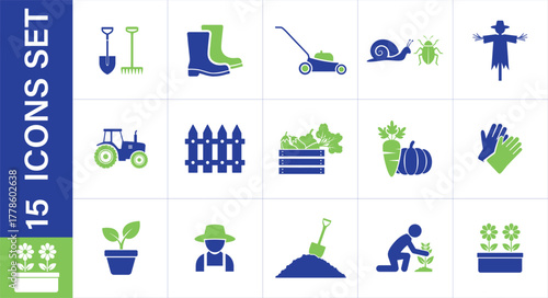 Set of gardening and farming icons. Collection of flat design icons representing gardening and 
farming activities. gardening and farming tools