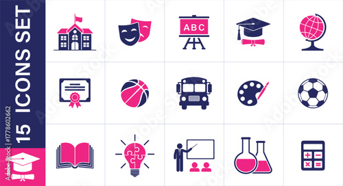 A collection of school and education-related icons. Set of school and education icons in a flat 
design style. Use for educational content