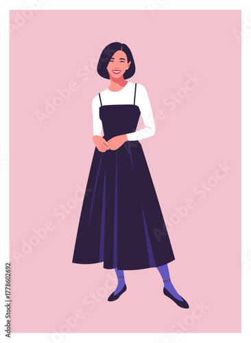 Portrait of a happy Asian woman stands full-length. Fashion and lifestyle. Vector flat illustration