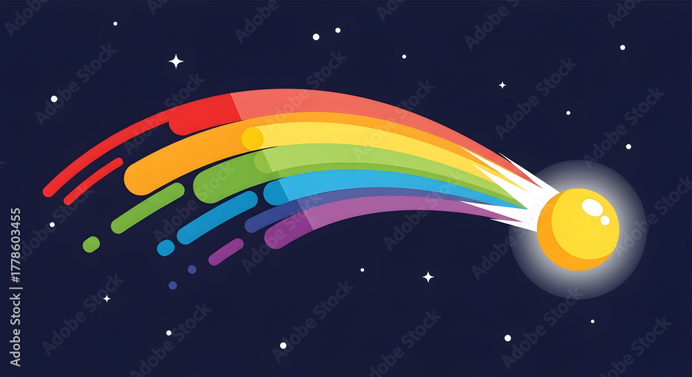 Naklejka premium A vibrant rainbow comet streaks across a dark starry night sky, leaving a colorful trail.