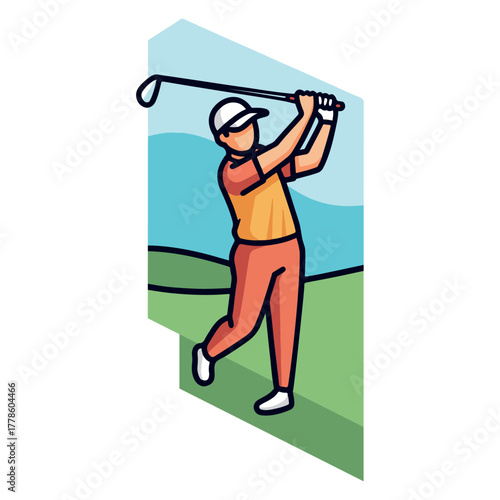 Illustration of a golfer in a powerful swing on a sunny day at the golf course, a vector graphic for sports and recreation concepts