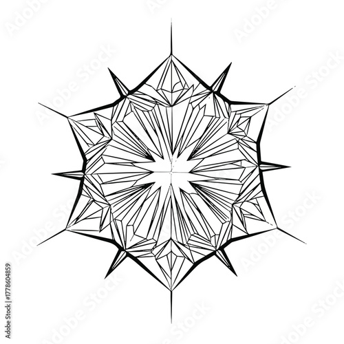 A detailed black and white line art illustration of a geometric snowflake, featuring a complex crystalline structure and a symmetrical star shape