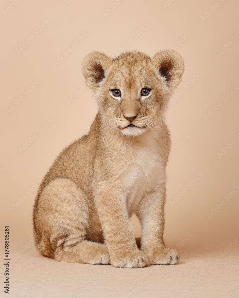 Obraz premium Adorable Lion Cub Posing with a Beige Backdrop in a Studio Setting