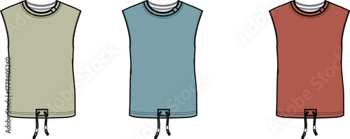 Vector illustration set of men's muscle tank tops in different colors. Flat technical drawing for apparel design, clothing template concept with drawstring hem