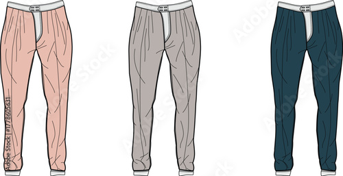 Collection of comfortable men's sleepwear bottom designs, featuring three variations of long pajama pants in distinct colors for loungewear and relaxation