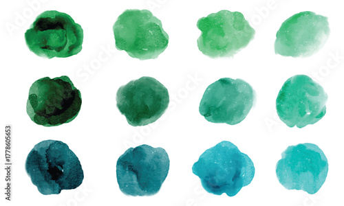 Set of green blue watercolor hand painted round shapes
