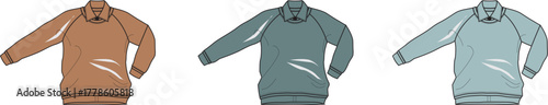 Three long-sleeved polo shirts showcased in a flat lay illustration, featuring a warm earthy brown and two cool teal shades, perfect for fashion design, apparel catalogs, or casual wear concepts