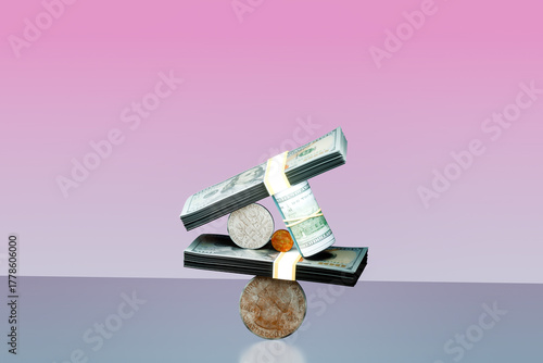 Stack of Cash and Coins Balancing. Budgeting, financial system concept
