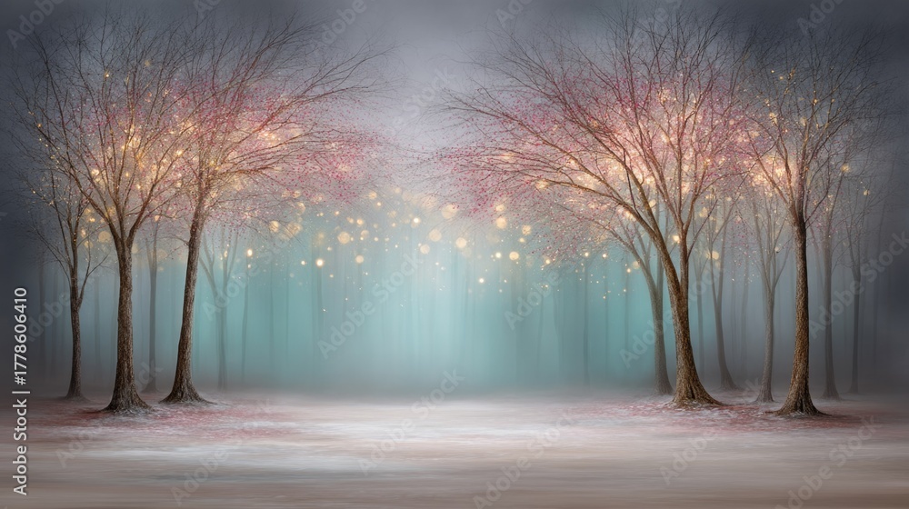 Obraz premium Ethereal Misty Forest with Glowing Lights and Delicate Blossoms in a Serene Landscape