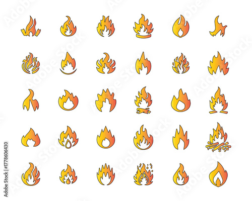 Fire icon collection. Fire flame symbol. Bonfire silhouette logotype. Flames symbols set flat style - stock vector.