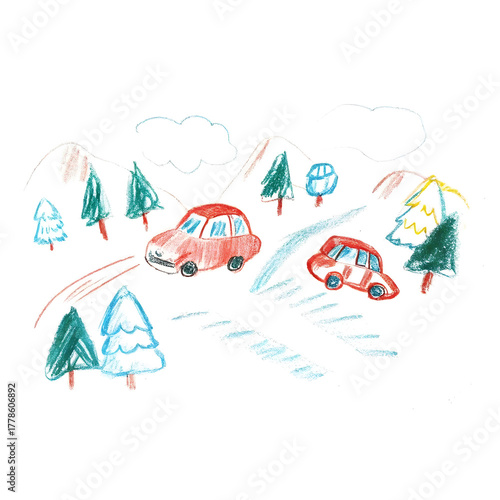 Vibrant Kids’ Drawing of Nature and Vehicles