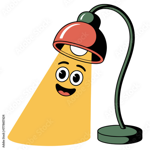 A friendly lamp with a cheerful expression, illuminating a vibrant area, ready to brighten any space