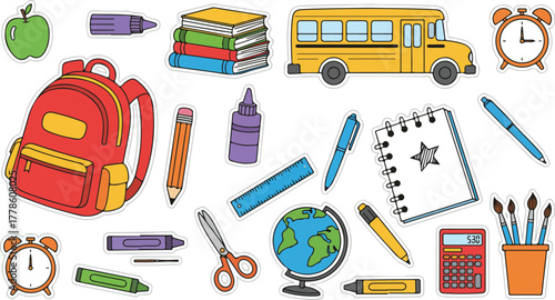 Back to school doodle design elements set. Collection of stationery vector illustration in cartoon retro flat style, equipment for study, items, supplies for learning, books, backpack, ruler, pencil
