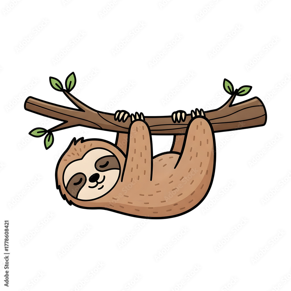 Naklejka premium Cute cartoon sloth hanging from a tree branch isolated on transparent background
