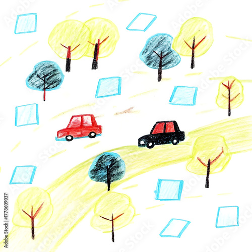 Cheerful Child’s Sketch with Cars and Trees