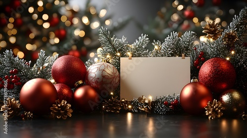 Bright ornaments and festive decorations create a joyful holiday scene with a blank card for personal messages