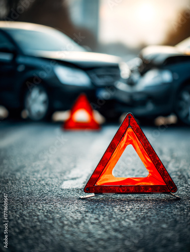 Car accident scene with warning triangle on road blocking traffic