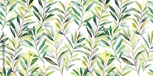 watercolor Olives branches with green leaves Seamless pattern on white background for fabric design, rustic kitchen textiles, packaging and botanical print projects