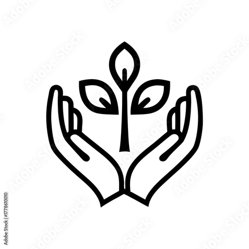 A symbolic line icon of a small sprout growing in open hands — representing care, protection, and new beginnings.