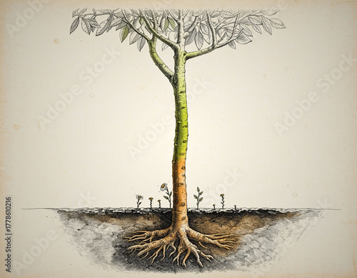 Vintage Scientific Illustration of Tree Trunk and Root System