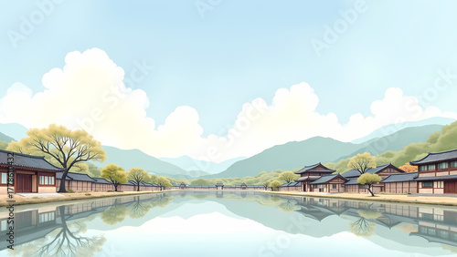 Korean Hanok Village Reflected on Water Illustration
