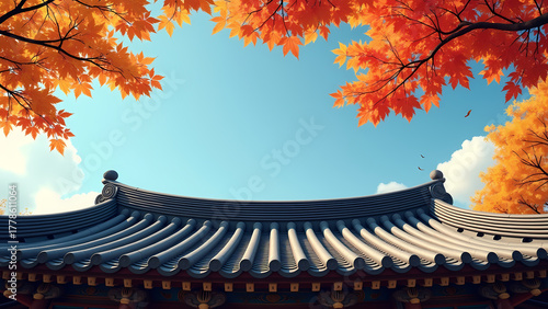 Symmetrical Korean Hanok Roof with Autumn Leaves
