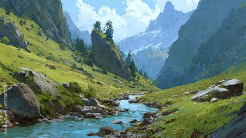 Pixelated Landscape Depicting River Valley with Lush Greenery and Mountains Under a Blue Sky