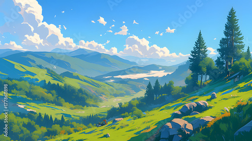 A Scenic illustration of rolling green hills