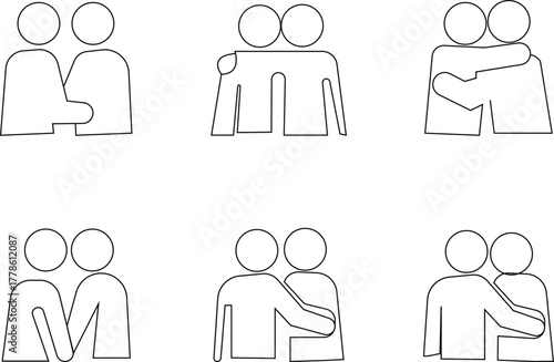 Hug icon set, friendship, love, care, and emotional connection symbols showing people embracing, compassion unity affection relationships and kindness for relationship and support design badge, symbol