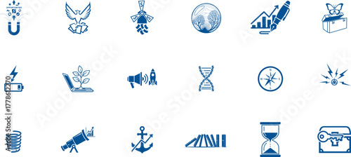 Collection of blue line art icons representing science technology and innovation
