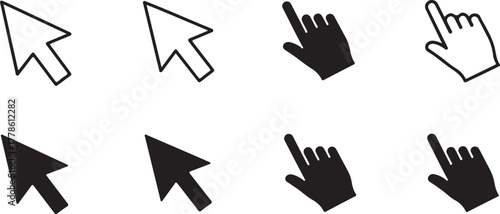Collection of black and white cursor and hand pointer icons isolated