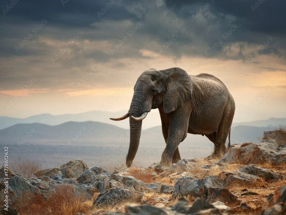 Fototapeta premium Elephant Stroll Majestic Creature on a Hill with Dramatic Sky