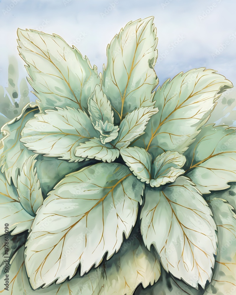 Fototapeta premium Soft Botanical Watercolor — Golden Dew Veins Mint Leaves Wall Art