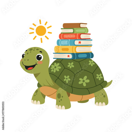 Wallpaper Mural A green turtle carries a stack of books on its back A yellow sun shines The turtle smiles Torontodigital.ca