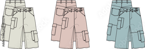 Stylish flat illustrations of versatile cargo pants in a range of pastel and neutral colors, providing essential design concepts for modern apparel collections and casual fashion