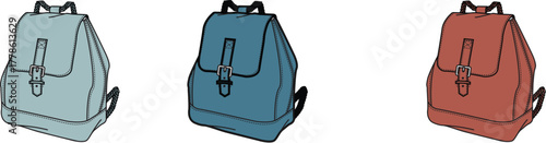 Three different colored backpacks for school or travel, showcased in a clean, minimalist illustration