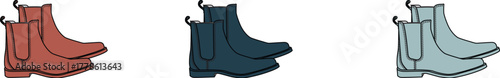 Set of three stylish chelsea boots in different colors, presented in a clean, minimalist illustration