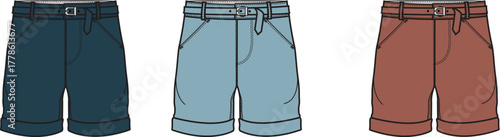 Three pairs of shorts in different colors dark blue, light blue, and rust, displayed side-by-side on a white background