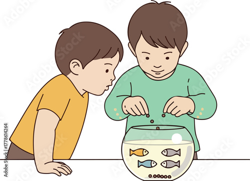 Two young boys feeding fish in a small glass bowl observing their aquatic pets with curiosity.