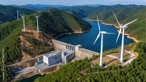 Aerial View of Wind Turbines and Hydro Power Plant Surrounded by Scenic Mountains and Calm Waters