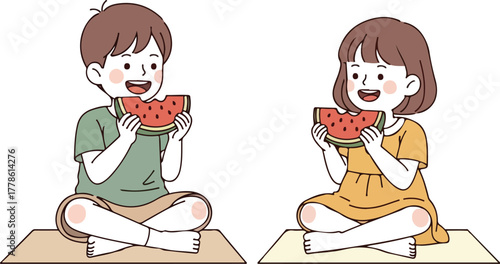 Two happy children enjoying fresh watermelon slices together.