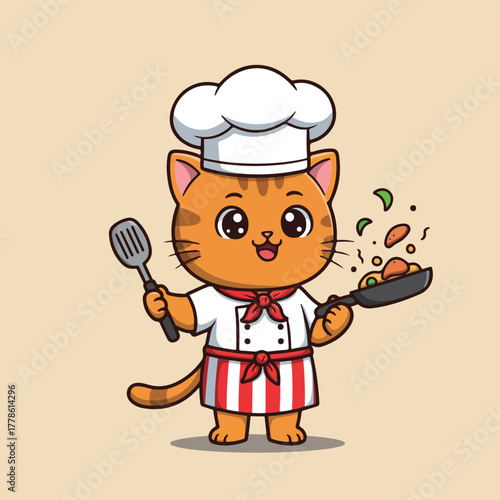 Orange cat chef with a white hat apron and spatula holding a pan Food is tossed in the air