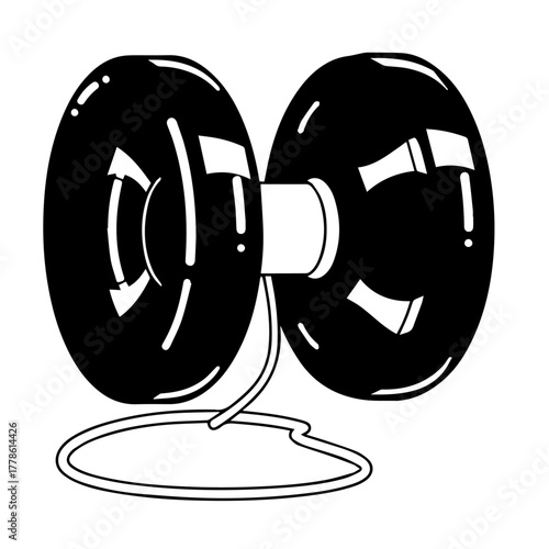 Black and white illustration of a retro yo-yo, a classic toy with two discs connected by an axle