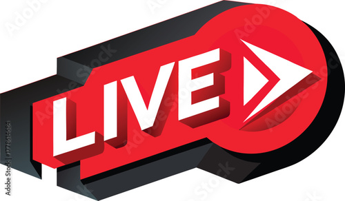 3D realistic live stream icon red glowing effect.